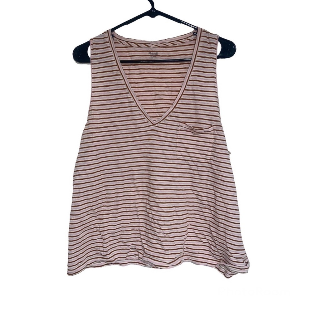 Madewell Whisper Cotton V-Neck Pocket Tank in Greywood Stripe (XXL)